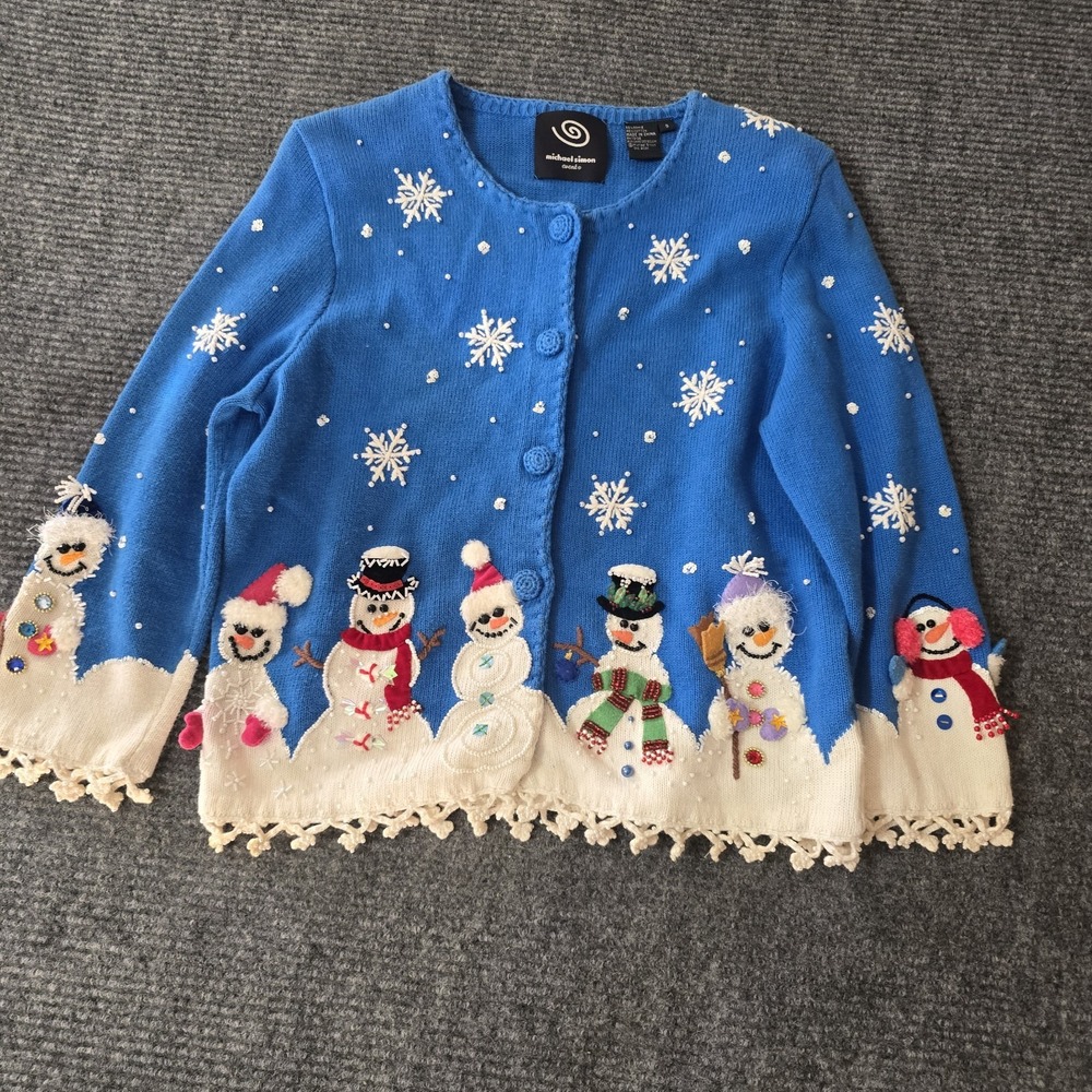 Vtg Y2K Michael Simon Christmas Winter Cardigan Womens Small Snowman Festive
